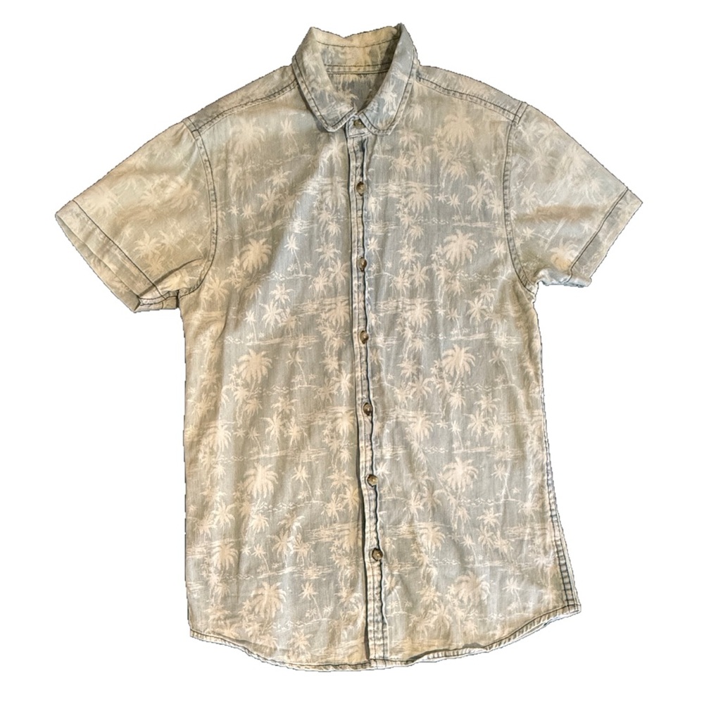 Vintage Bleached Denim Palm Tree Hawaiian Shirt – 90s/00s Y2K Surfwear – Size M